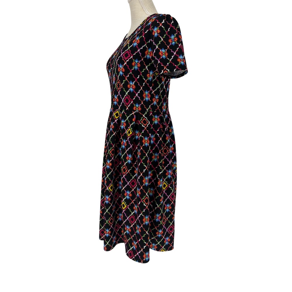 LuLaRoe Amelia Dress Women Large Black Multicolor Trellis Pockets Fit & Flare - Picture 2 of 5